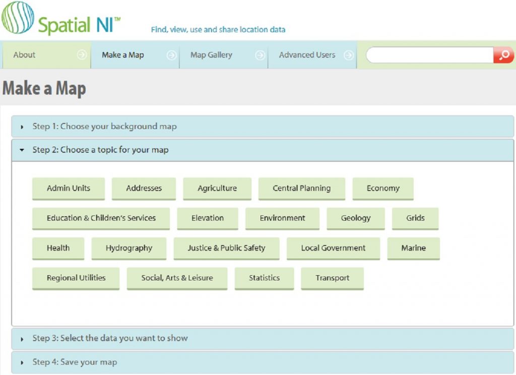 Figure 4: A screenshot of the “make a map” process on Spatial NI website and an overview of the mapping data available