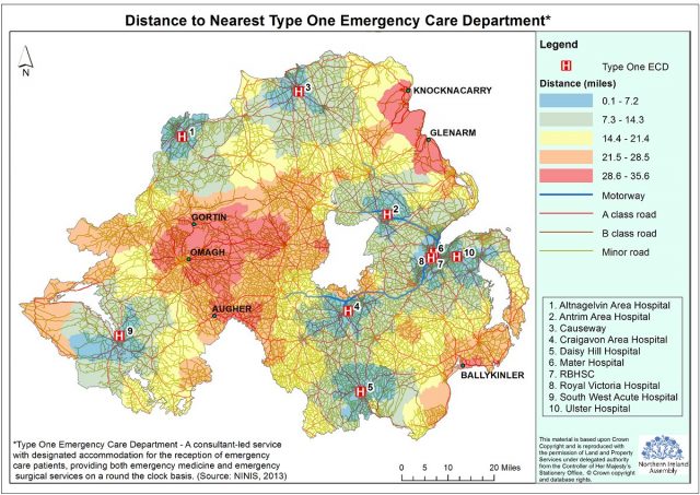 Figure 1: Map presenting time travel analysis in relation to the nearest type one emergency care department