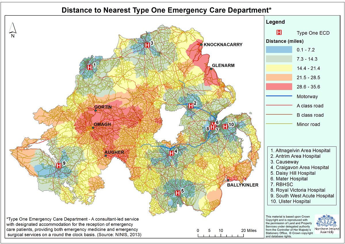 Figure 1: Map presenting time travel analysis in relation to the nearest type one emergency care department