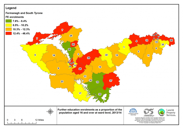 Further education enrolments as a proportion of the population aged 16 and over at ward level, 2013/14