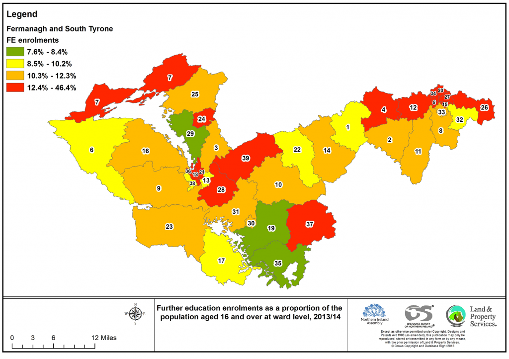 Map of Fermanagh and South Tyrone highlighting further education enrolments as a proportion of the 16+ population for 2013/14