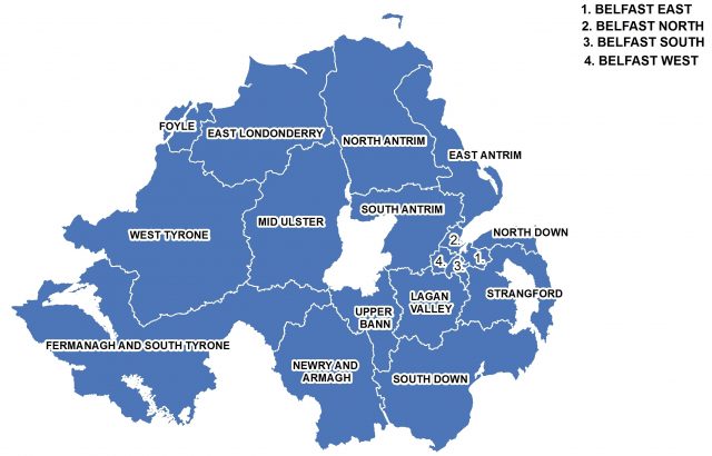 A map showing the constituencies of Northern Ireland