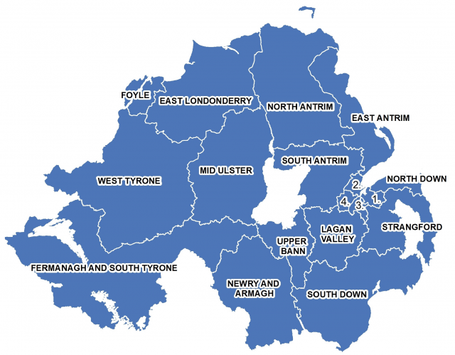 A map showing the constituencies of Northern Ireland. Key to Belfast constituencies: 1=Belfast East; 2=Belfast North; 3=Belfast South; 4=Belfast West.