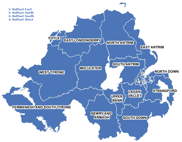 A map showing the constituencies of Northern Ireland.