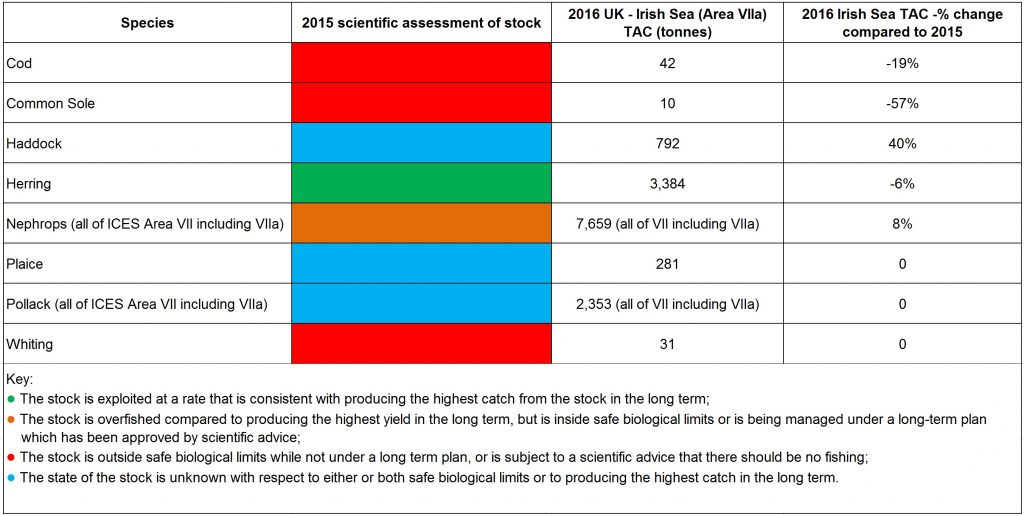 Selected fish species TACs in 2015 and 2016 and 2015 scientific assessment of stock – ICES Area VIIa (or VII)
