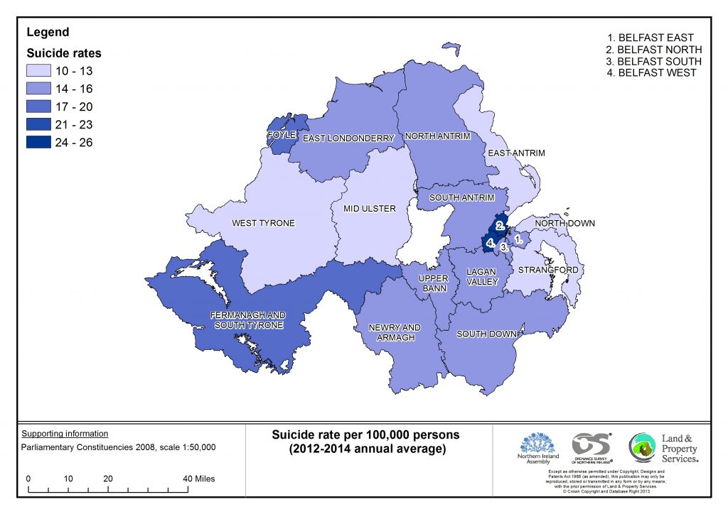 Suicide rate per 100,000 persons; Belfast North and Belfast West are the two constituencies with the highest average annual suicide rate