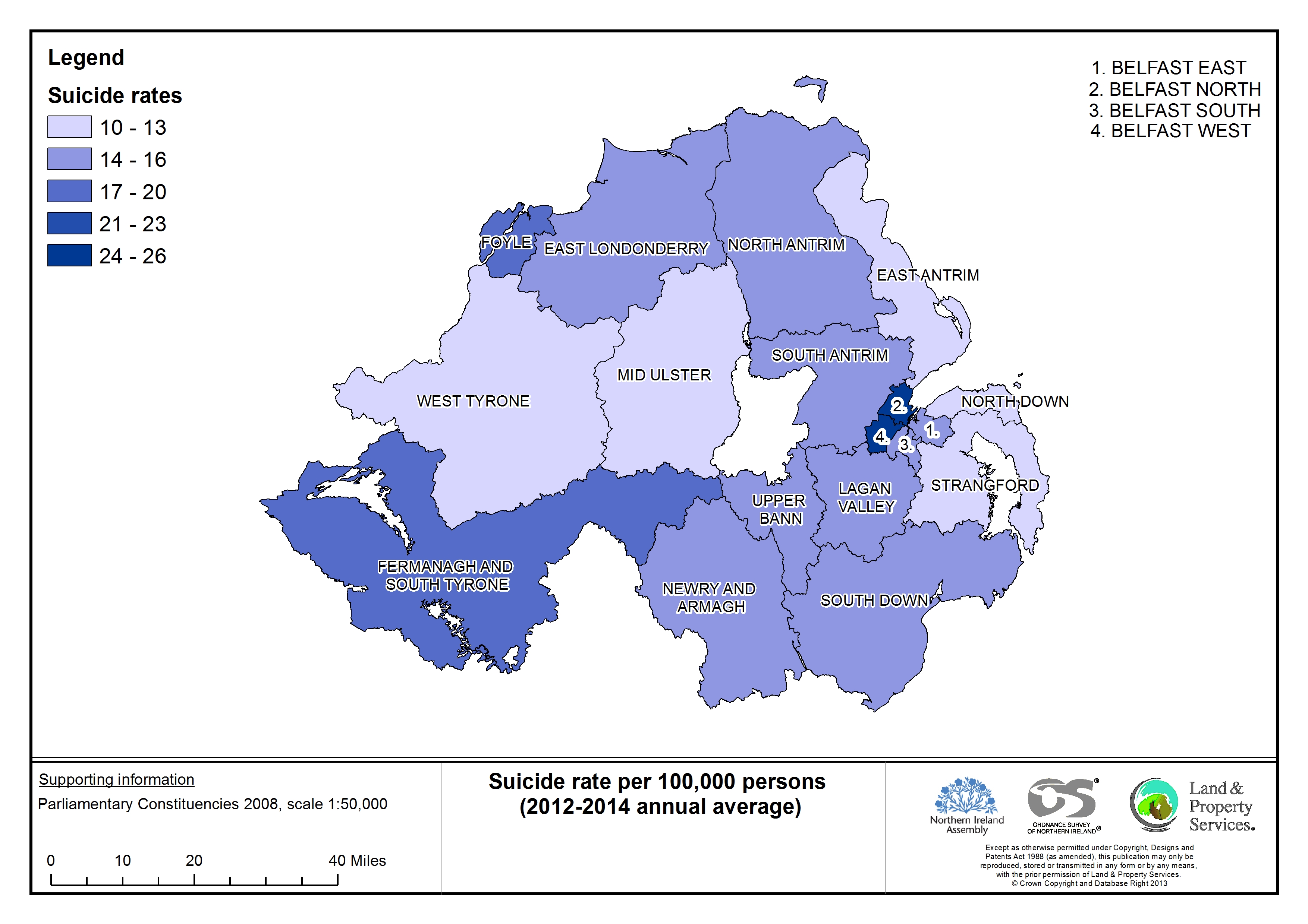 Suicide rate per 100,000 persons; Belfast North and Belfast West are the two constituencies with the highest average annual suicide rate