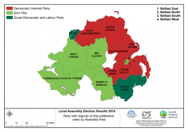 A map of the 18 constituencies, showing the party with the largest share of first preference votes in each constituency.