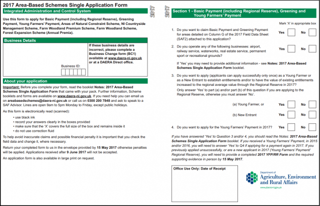 Sample of the form used for direct payments to farmers in Northern Ireland