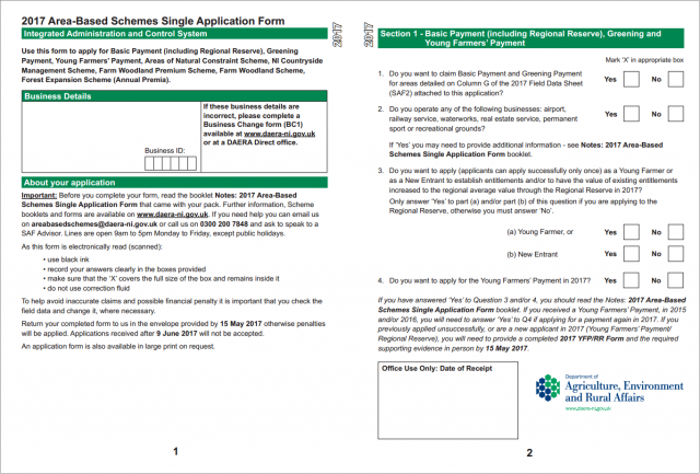 Sample of the form used for direct payments to farmers in Northern Ireland