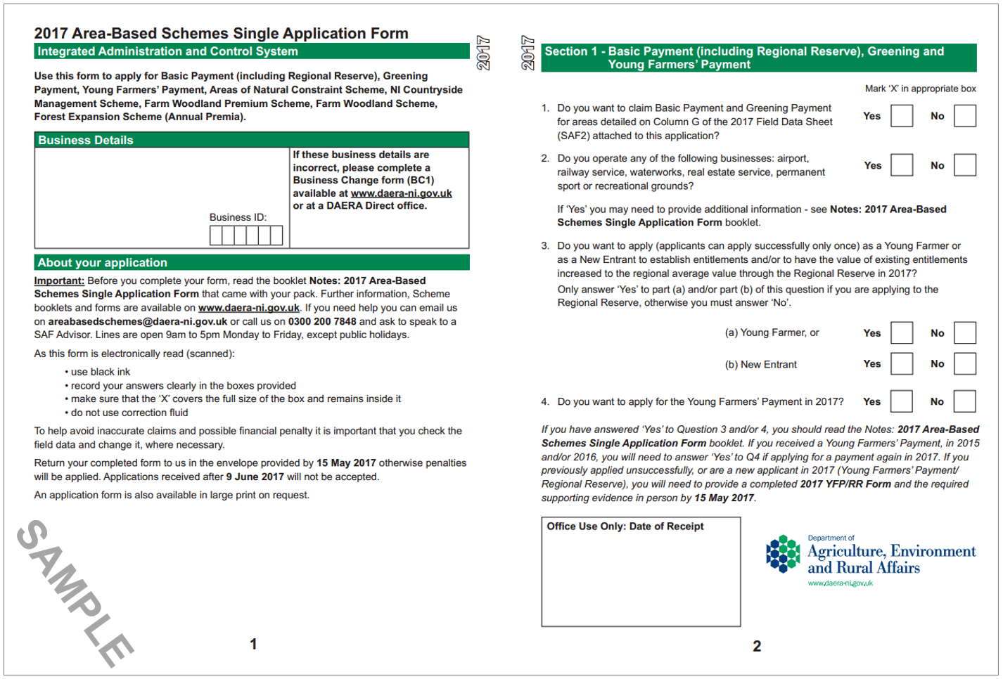 Sample form used by applicants for direct payments (DAERA)