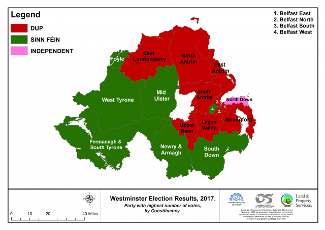 A map showing election results by constituency, June 2017