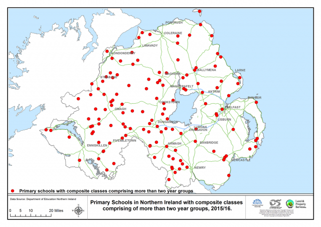 Map showing primary schools in Northern Ireland with composite classes comprising of more thatn two year groups, 2015/16