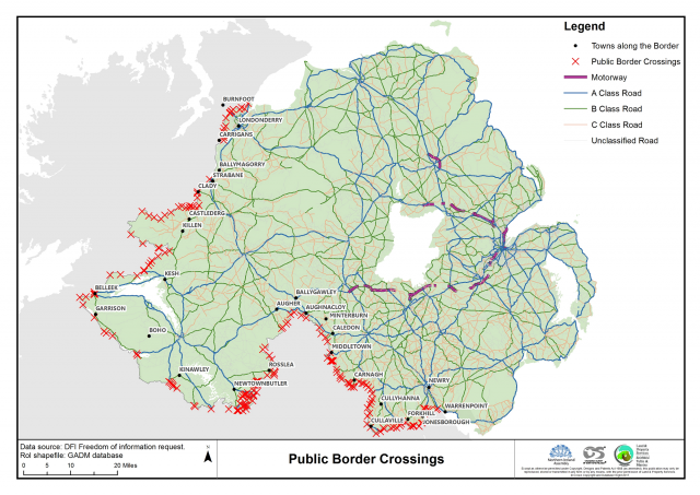 A map showing the distribution of border roads, showing the location of public border crossings