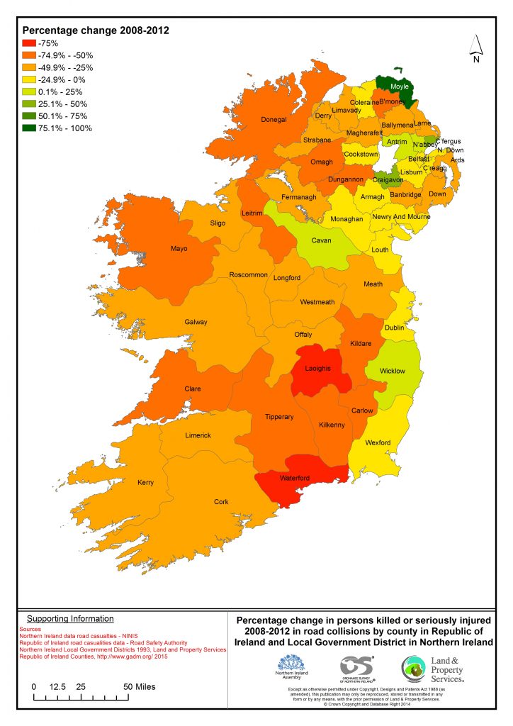 Map showing the percentage change in persons killed or seriously injured between 2008 and 2012 in road collisions by county in the Republic of Ireland, and by Local Government District in Northern Ireland