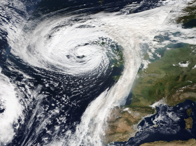 A satellite image showing Storm Ophelia making landfall in Ireland on 16 October 2017 (Image: NASA, public domain)