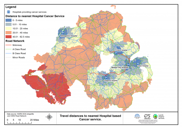 Map 1. The locations of all cancer units across Northern Ireland and the travel distances to them. 