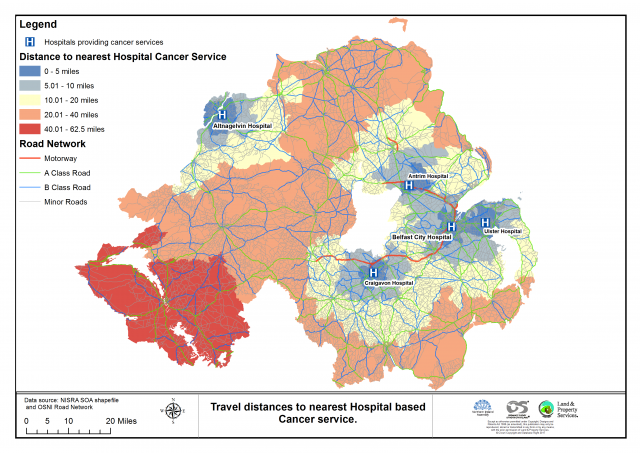 Map 1. The locations of all cancer units across Northern Ireland and the travel distances to them.