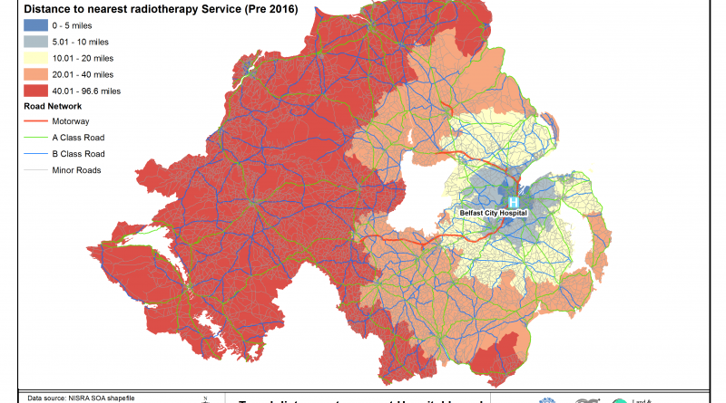 Map2. The service areas of the cancer centre in Northern Ireland, prior to the opening of the North West Cancer Centre.