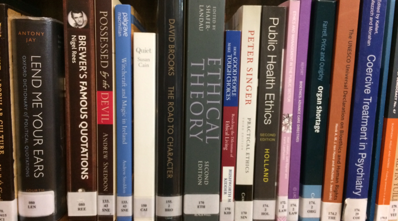 A photograph showing a selection of titles from the 100 classification in the Assembly Library; in the Dewey Decimal system, 100 is used to classify philosophy and psychology