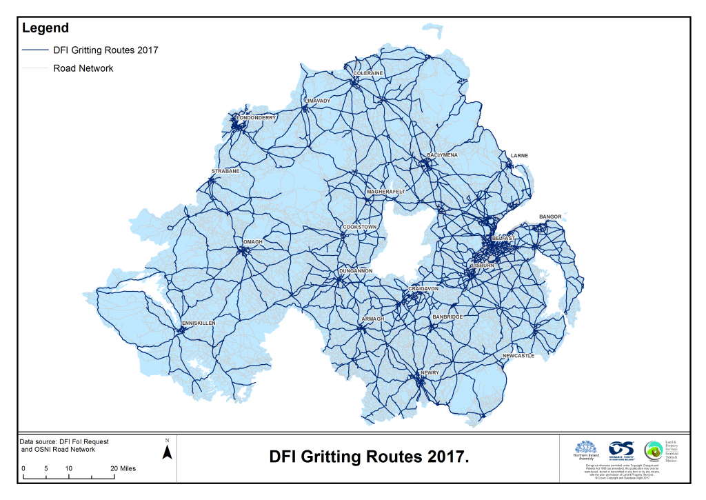 A distribution map showing DFI gritting routes 2017