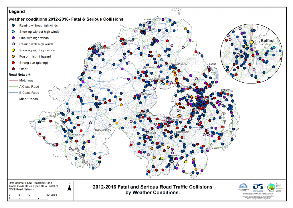 A distribution map showing all road traffic collisions caused by ice/frost/snow per ward, 2012-2016