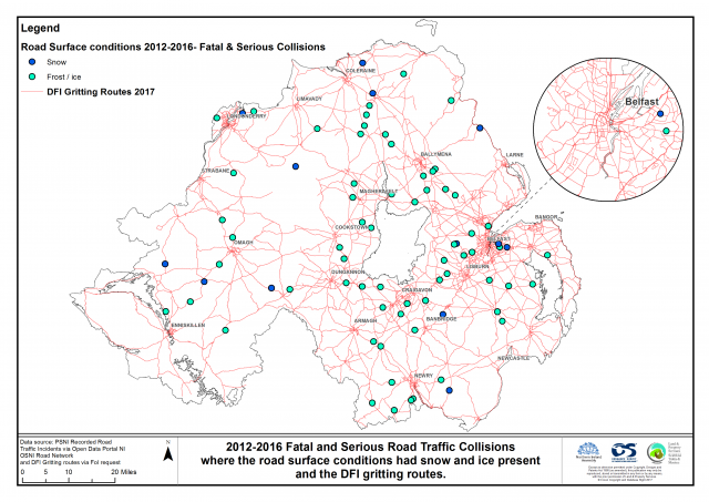A distribution map showing 2012-2016 fatal and serious road traffic collisions where the road surface conditions had snow and ice present; also displaying DfI gritting routes