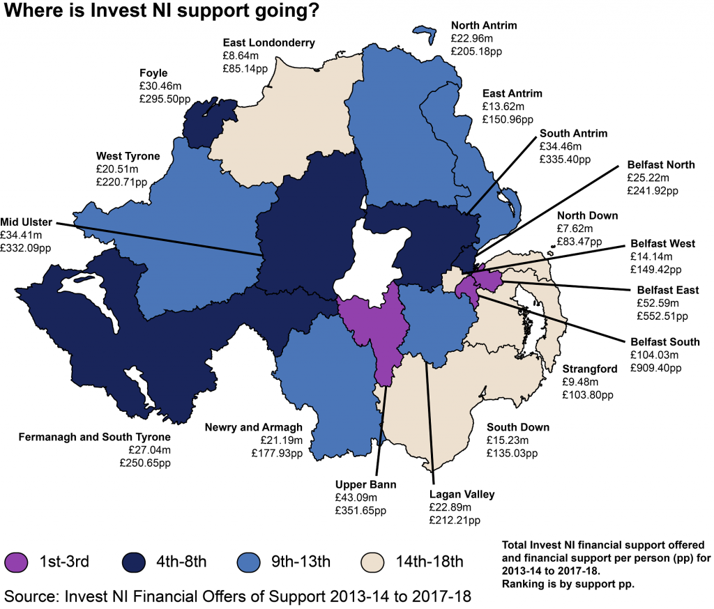 Figure 2: A map showing a breakdown of Invest NI financial support offered by constituency, with both total support offered and value of support per capita