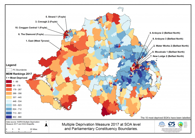 Map 1, showing a spatial distribution of Multiple Deprivation across Northern Ireland (SOA level; Source: NISRA [2017] MDM results at SOA Level)