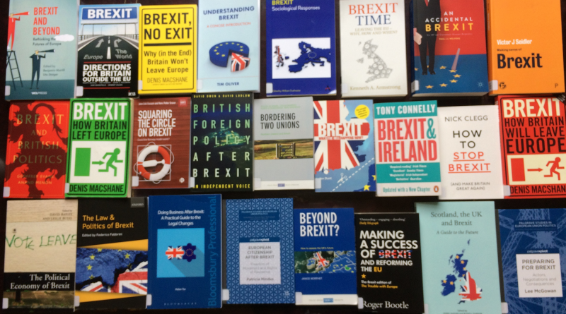 A photograph of some books showing part of the growing collection of Brexit-related publications in the Assembly Library