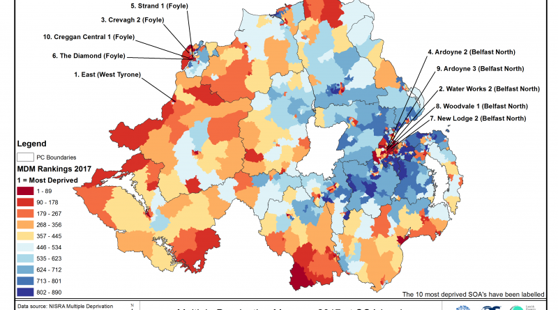 Multiple Deprivation Measure 2017 at SOA level and Parliamentary Constituency Boundaries