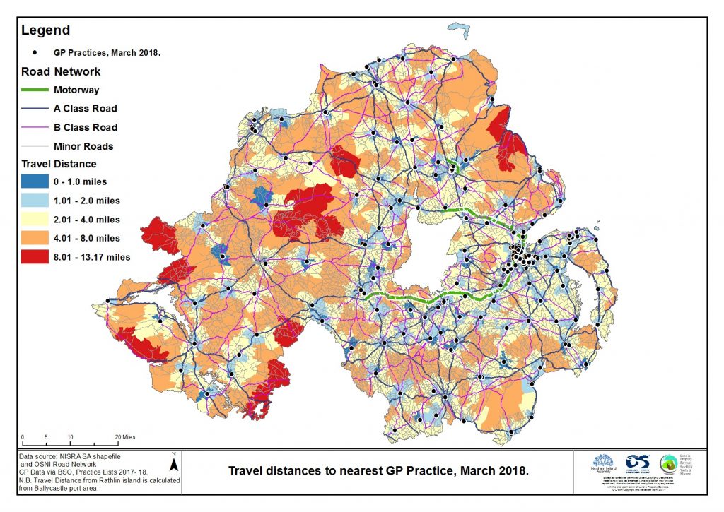 Travel distances to nearest GP Practice, March 2018