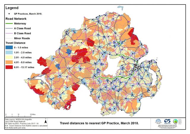 Travel distances to nearest GP Practice, March 2018