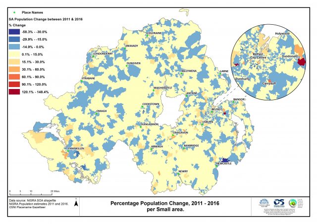 Percentage Population Change, 2011 - 2016 per Small area
