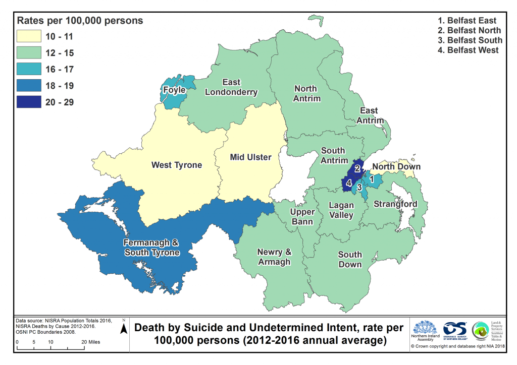 Map showing the average suicide rate per 100,000 persons by constituency area from 2012 to 2016