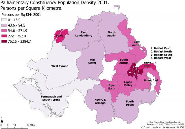 Map showing the population densities of the 18 parliamentary constituencies in 2001