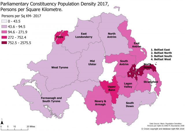 Map showing the population densities of the 18 parliamentary constituencies in 2017