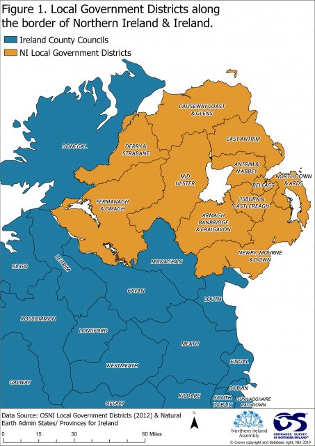 A map showing the location of local council areas along the border