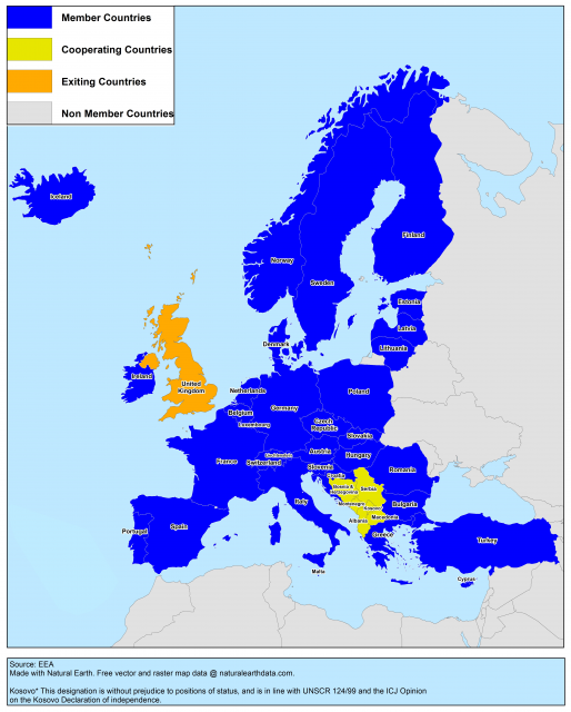 A map showing European Environment Agency (EEA) member countries