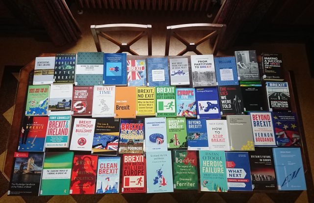 An image showing lots of Brexit-related books in the Assembly Library