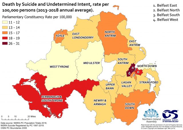 Map showing the average annual suicide rate per 100,000 persons by constituency area from 2013 to 2018
