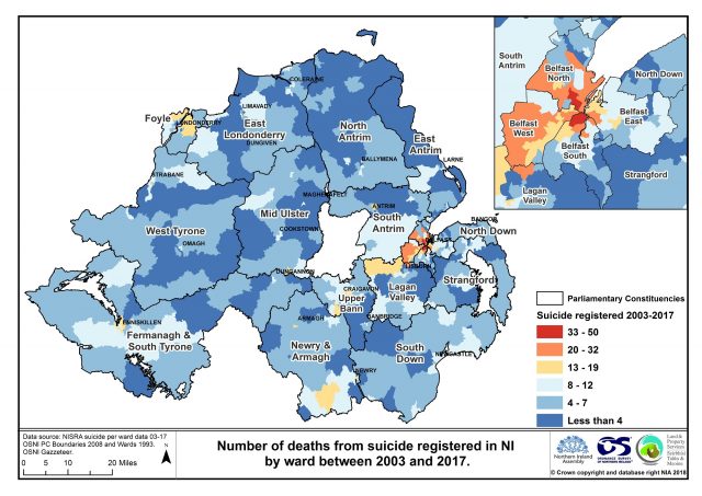 A map showing the number of deaths from suicide in Northern Ireland at ward level shown within parliamentary constituency boundaries between 2003 and 2017
