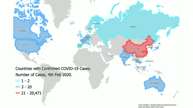 An animated GIF showing countries with confirmed COVID-19 cases on 4th February 2020 and 3rd March 2020.