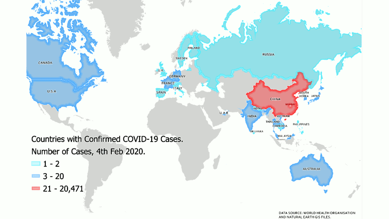 An animated GIF showing countries with confirmed COVID-19 cases on 4th February 2020 and 3rd March 2020.