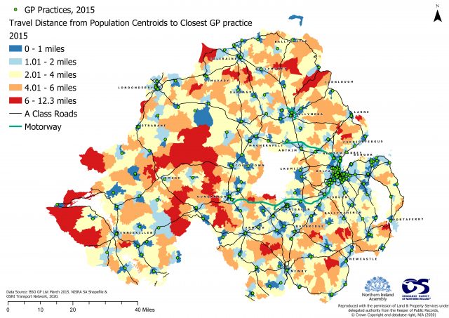 Map 1: Travel distances to nearest GP Practice, Jan 2015