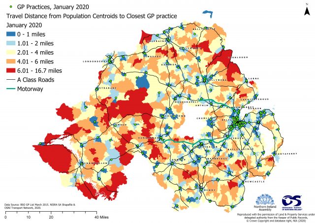 Map 2: Travel distances to nearest GP Practice, January 2020