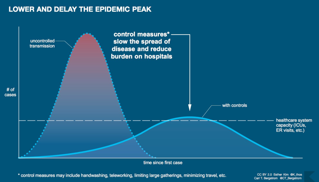 A graph showing the lowering and delay of an epidemic peak (produced by Esther Kim & Carl T. Bergstrom and used under CC BY 2.0)