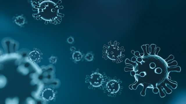 A blue and white image depicting a coronavirus