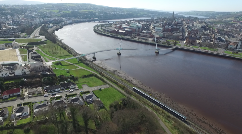 An aerial view of the Peace Bridge in Derry/Londonderry