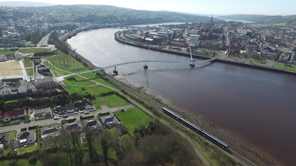 An aerial view of the Peace Bridge in Derry/Londonderry